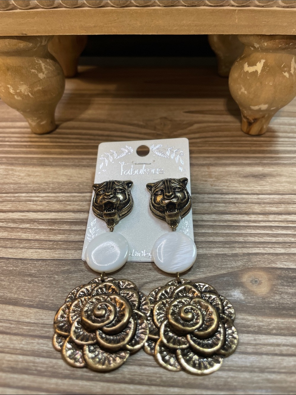Gold Tiger and Floral Drop Earrings with White Mother of Pearl Beads